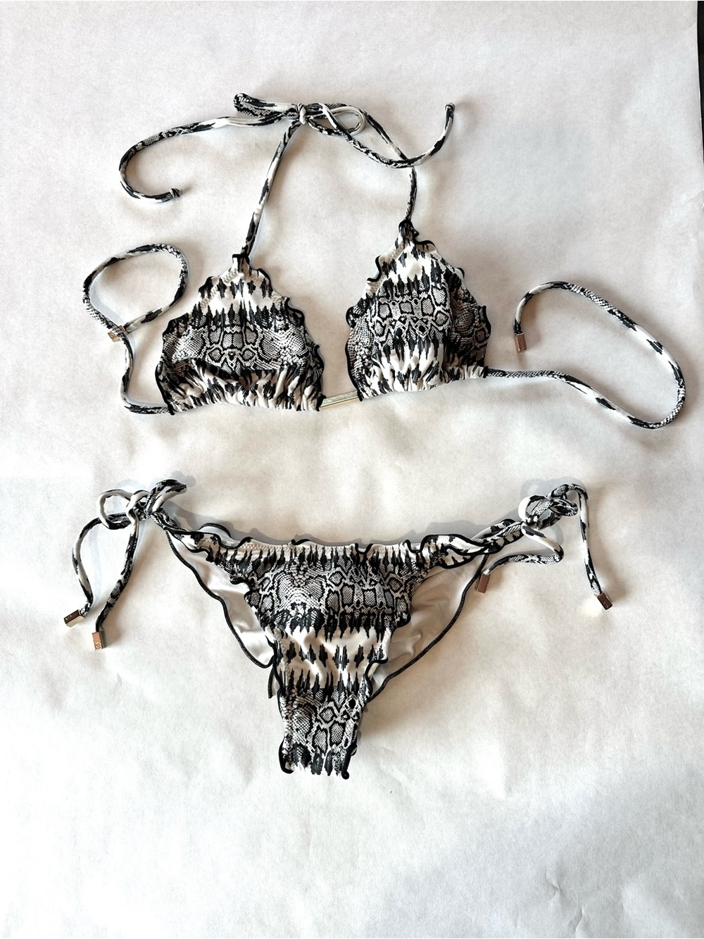 VIX Paula Harmony Snakeskin Black & Cream Scallop Edge Tie-Side Bikini Set